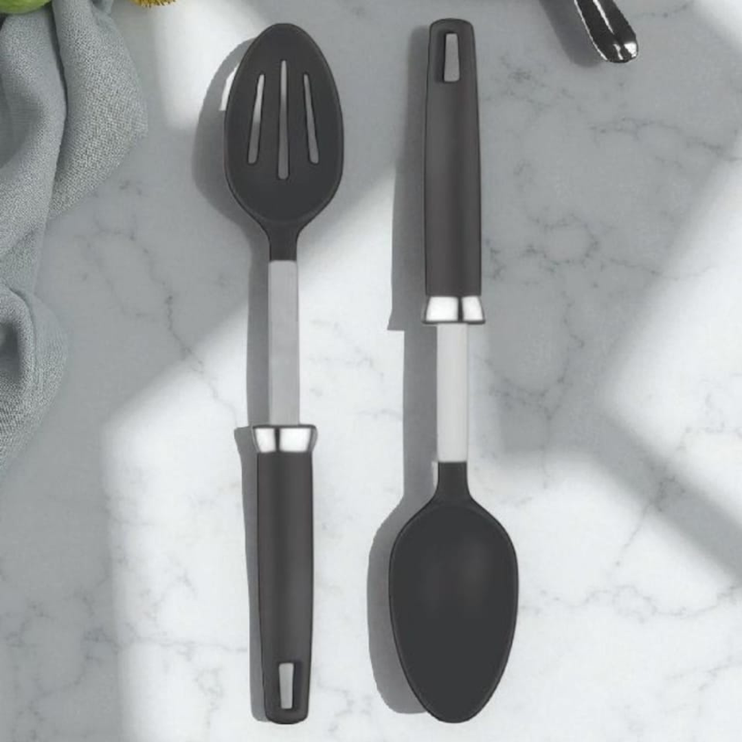 Zupa Premium Kitchen Spoon Set – Solid & Slotted Nylon Spoon (Set of 2) | Heat-Resistant, Non-Scratch & Easy Grip witrh TANIC  HANDLE SS+NYLON 13"