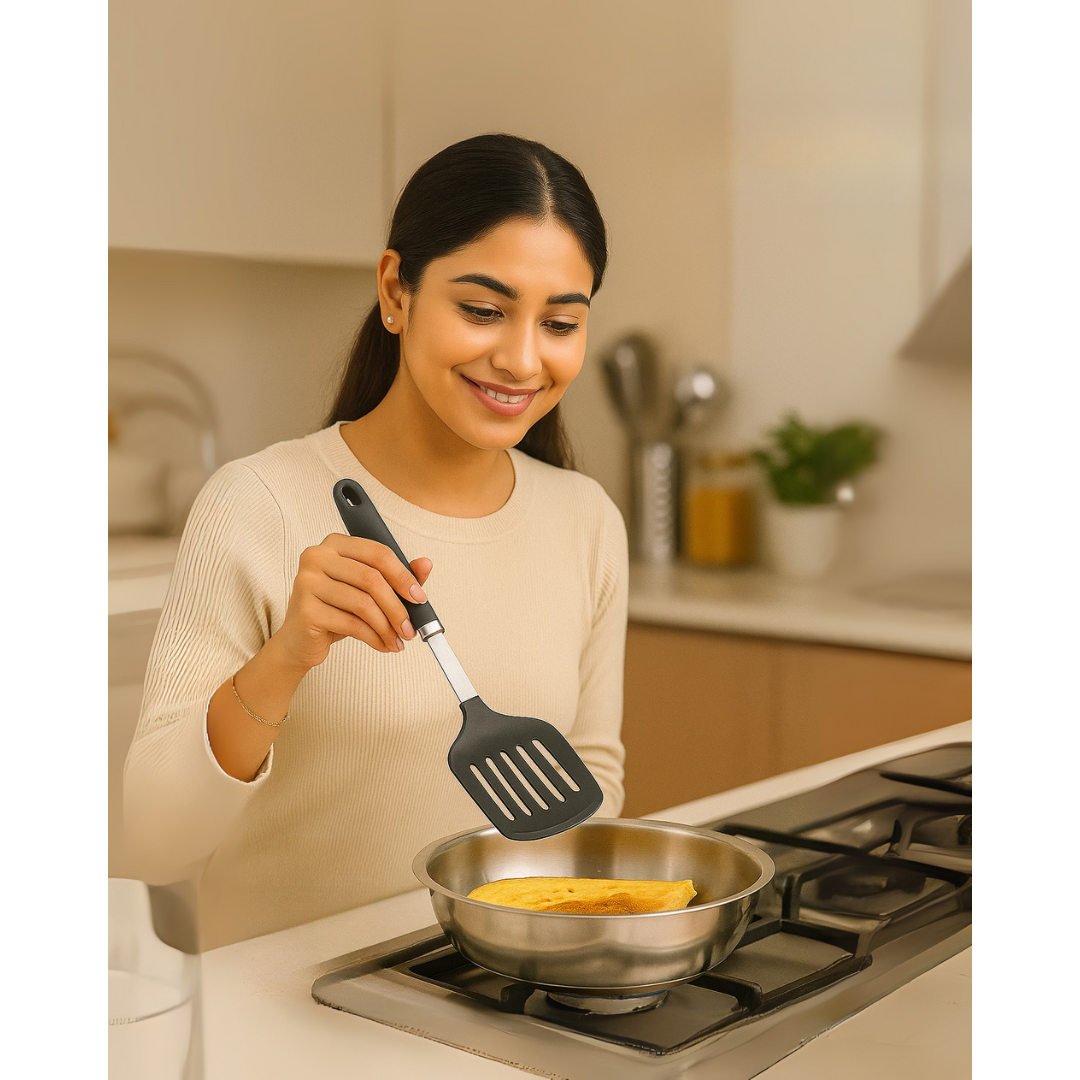 Zupa™ 3-Piece Cooking Spoon Set – Slotted Turner / Spoon & Solid Spoon for Daily Indian Cooking Tanic Haldel S.S + Nylon