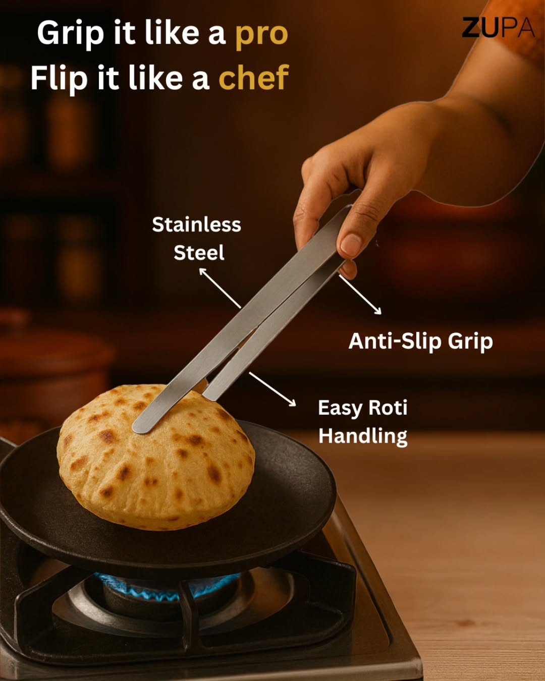 Zupa Stainless Steel Tong, Roti - Chapati Chimta, Chipya.