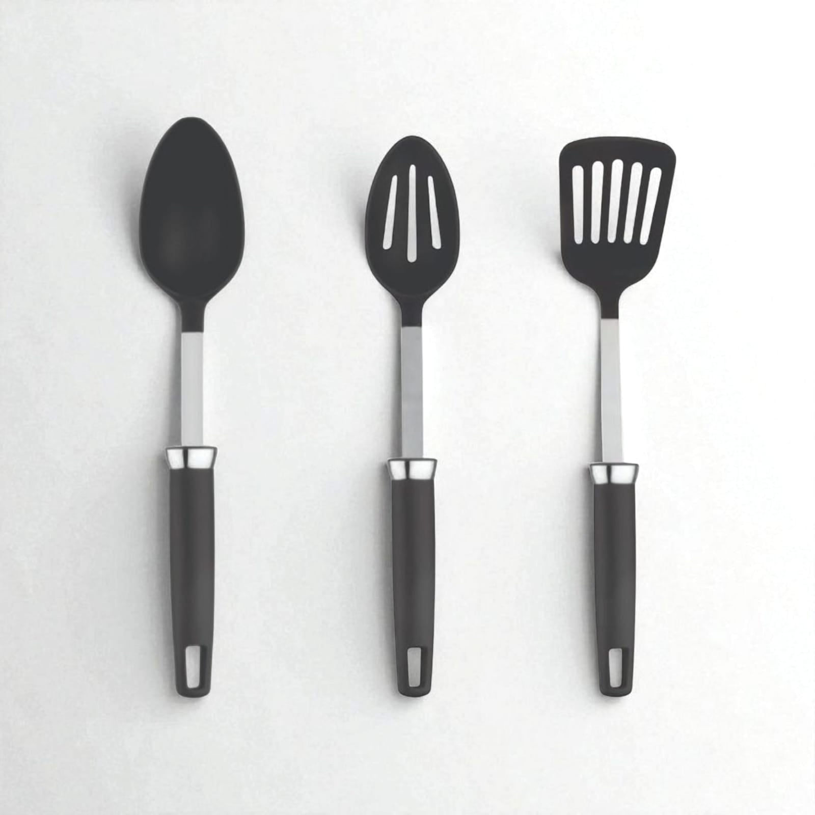 Zupa™ 3-Piece Cooking Spoon Set – Slotted Turner / Spoon & Solid Spoon for Daily Indian Cooking Tanic Haldel S.S + Nylon